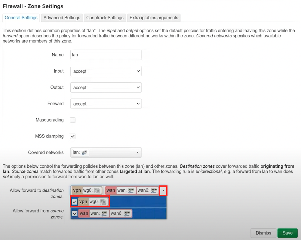 OpenWrt firewall zone settings for LAN with forward to destination set to VPN/WG0.