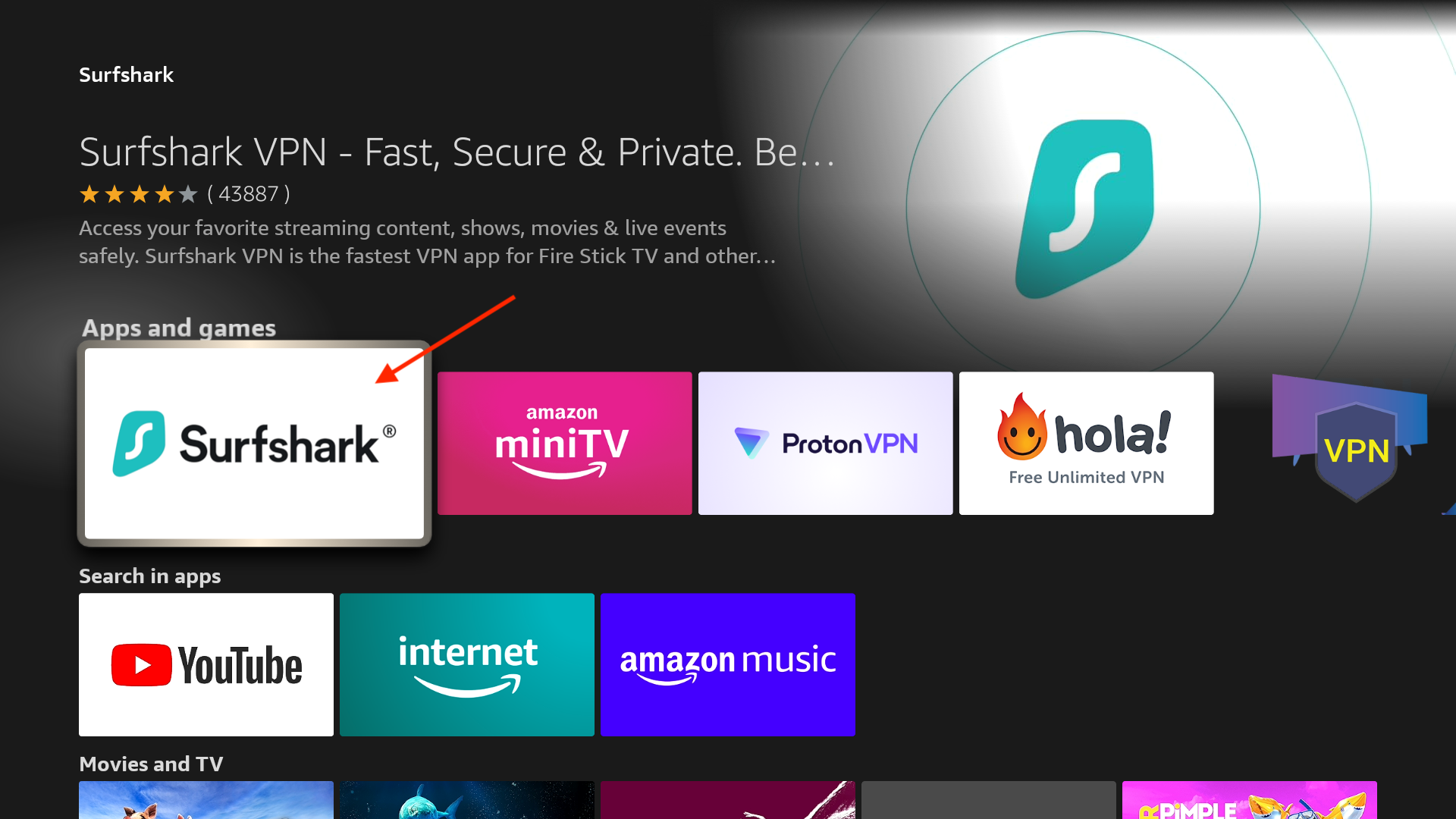 Surfshark VPN app highlighted on Fire TV app store screen, and other apps in the apps and games section.