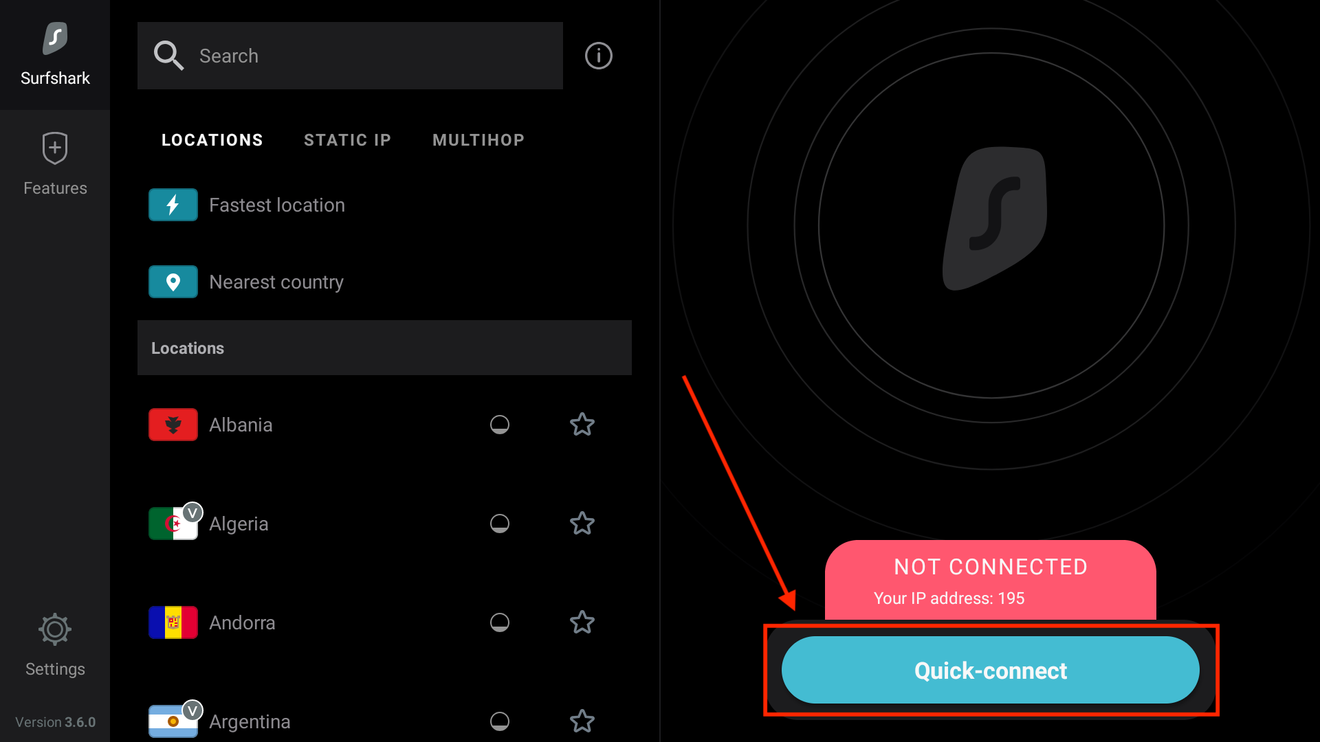 Surfshark VPN app interface on Fire TV showing location options with a highlighted 