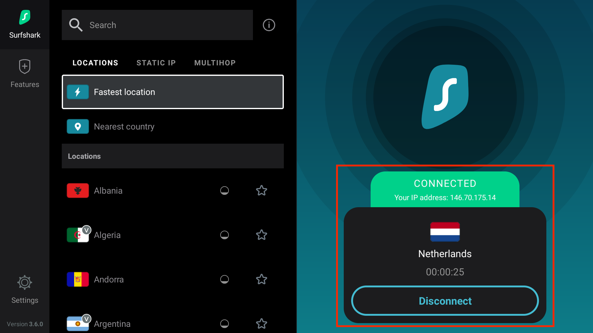 Surfshark VPN connected to Netherlands on Fire TV, displaying IP address and an active “Disconnect” button.