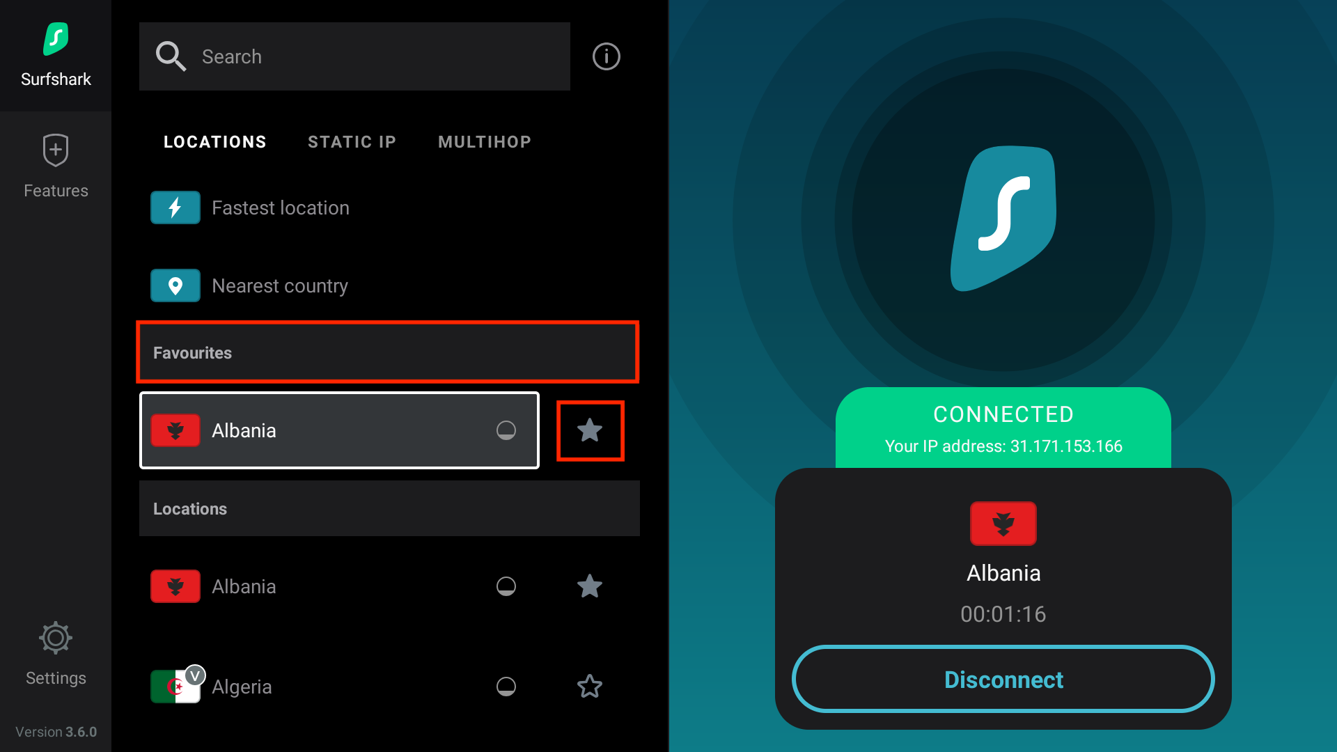 Albania marked as a favorite location in Surfshark VPN on Fire TV, now appearing under the “Favourites” section while connected.