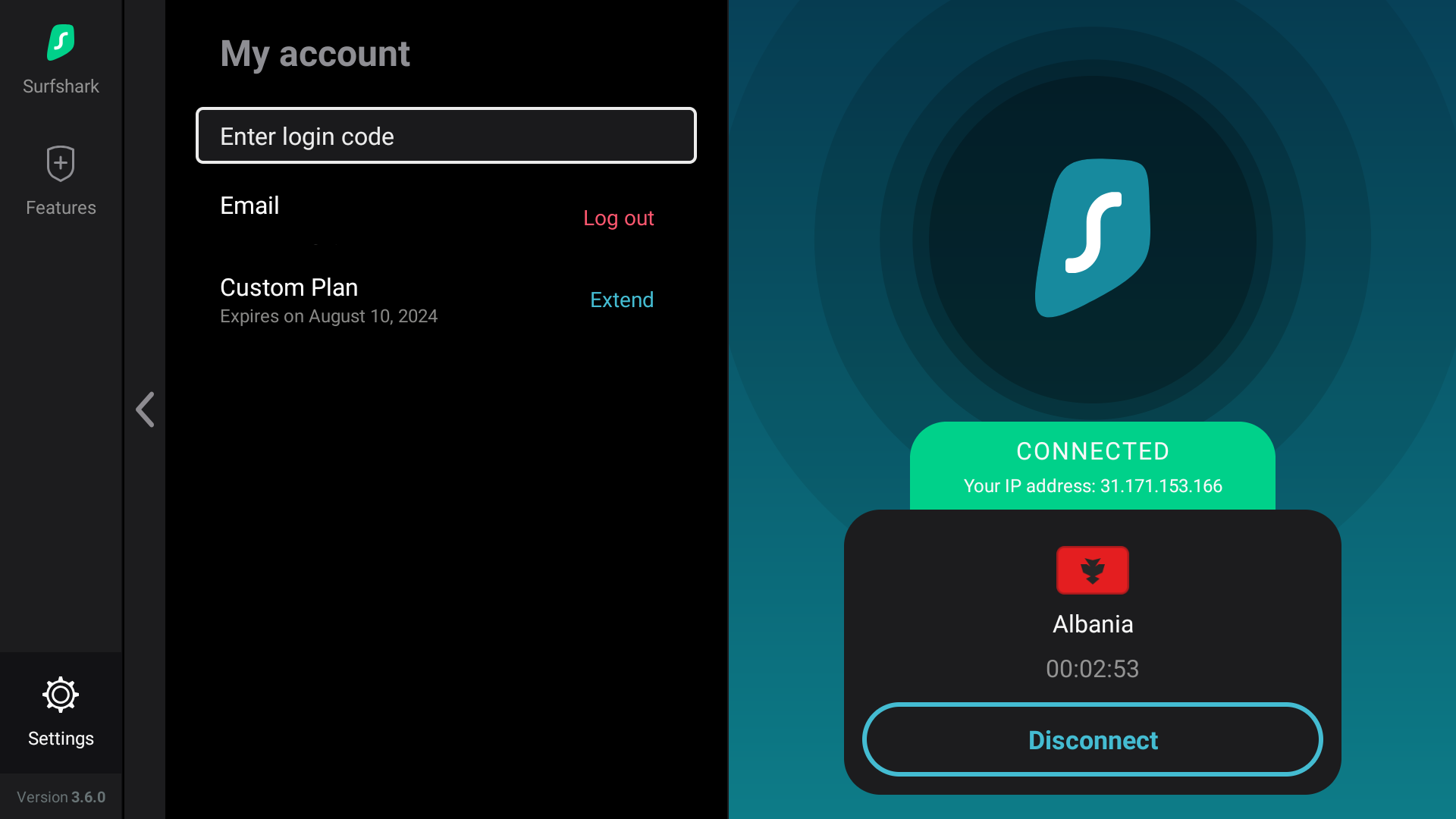 Surfshark VPN “My account” screen on Fire TV showing login code entry, subscription type, expiration date, and logout option.