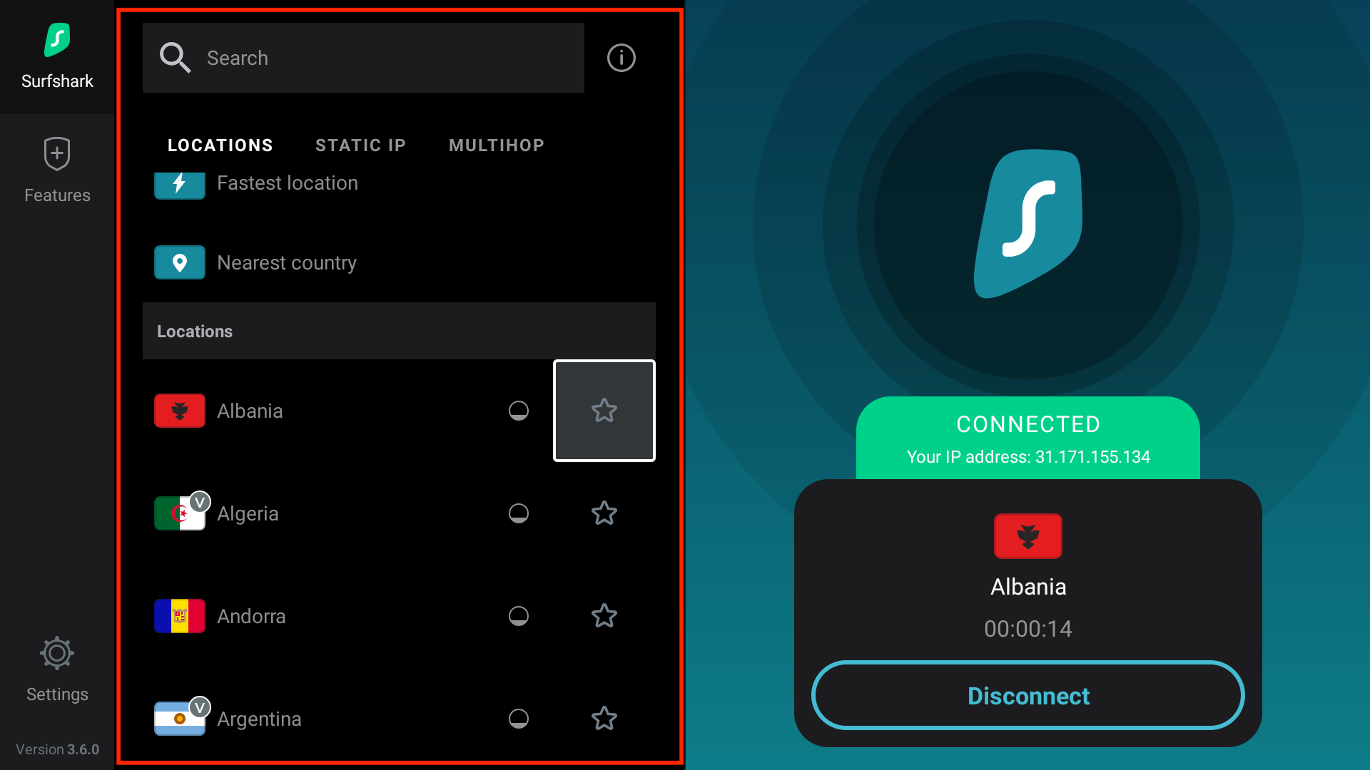 Surfshark VPN connected to Albania on Fire TV, showing IP address and connection timer, with the Albania location selected in the server list.