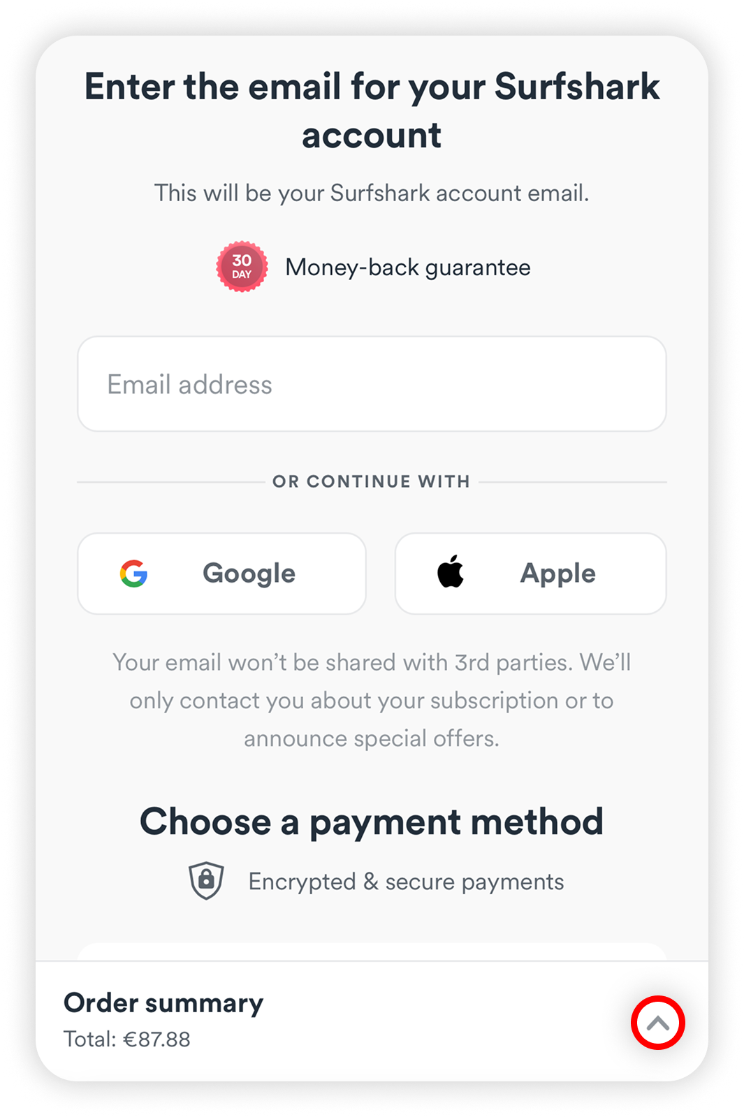 View of Surfshark subscription buying page, arrow button is highlighted.png
