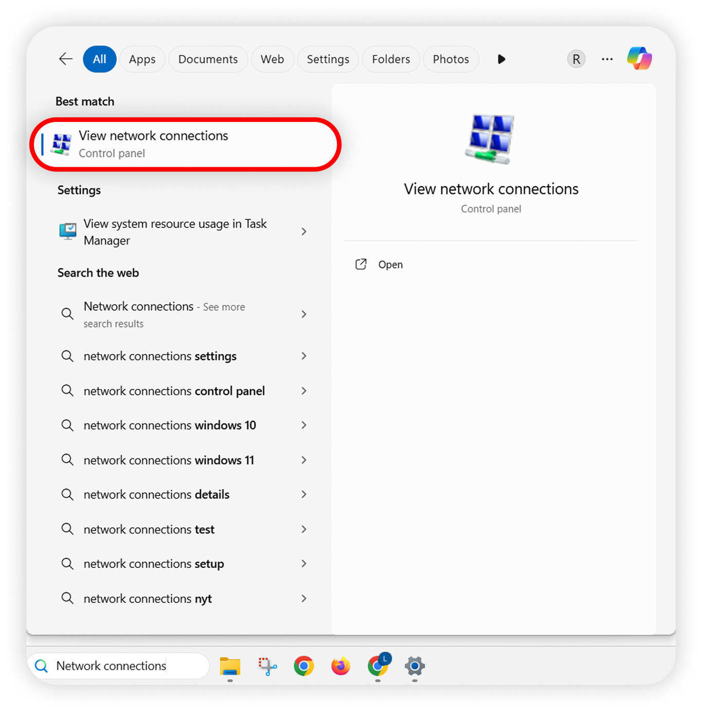 View of Windows search, view network connections is highlighted.png