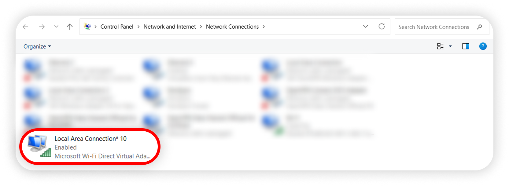 View of Windows network connections section, local area connection adapter is highlighted.png