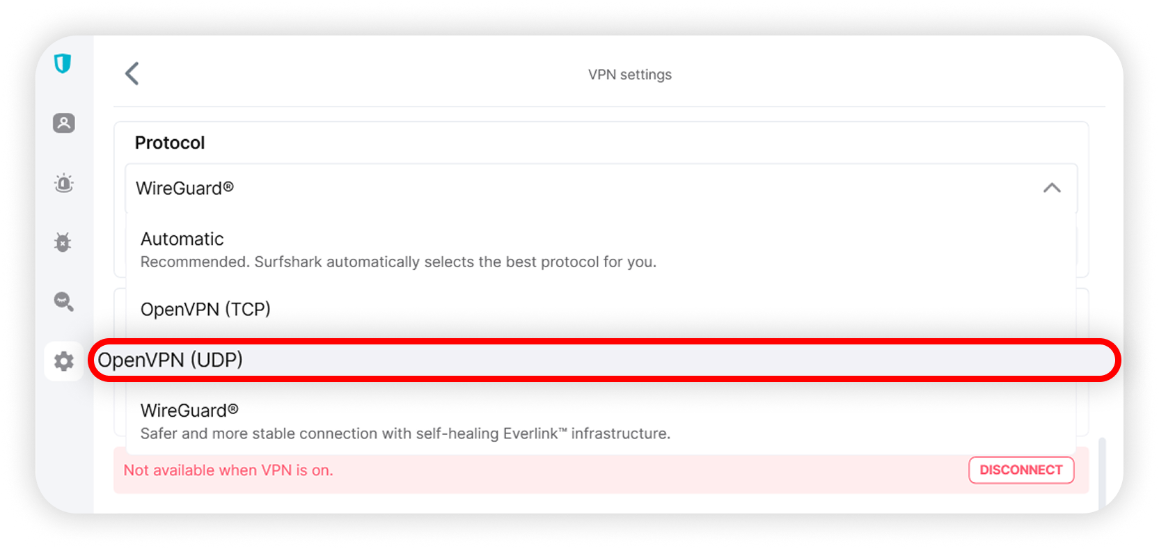 View of Surfshark Windows application VPN settings section, openvpn udp button is highlighted.png