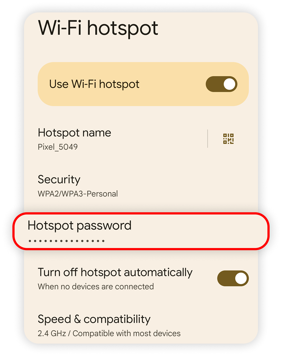 View of Android settings, hotspot password is highlighted.png
