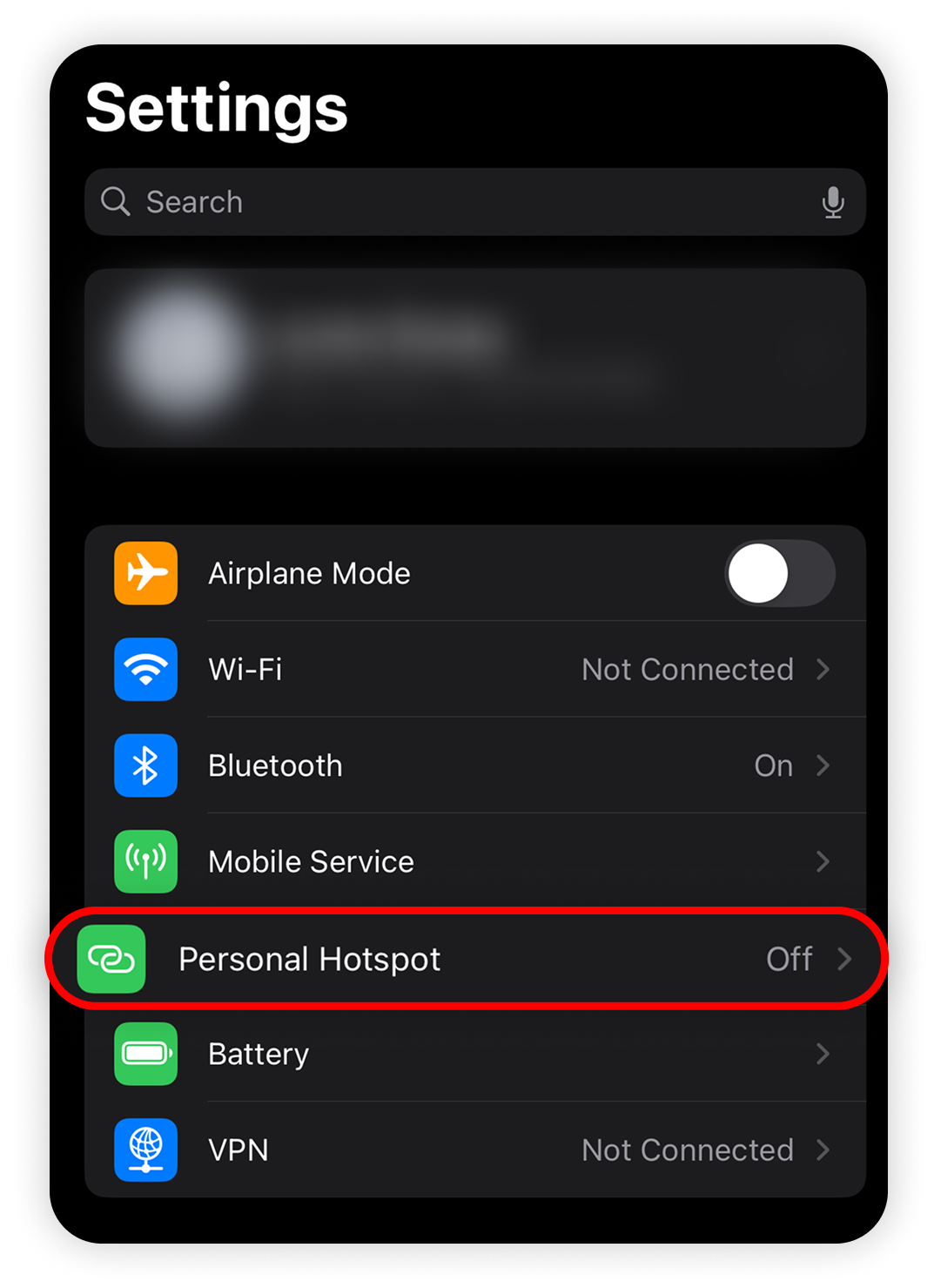 View of iOS settings, personal hotspot button is highlighted.png