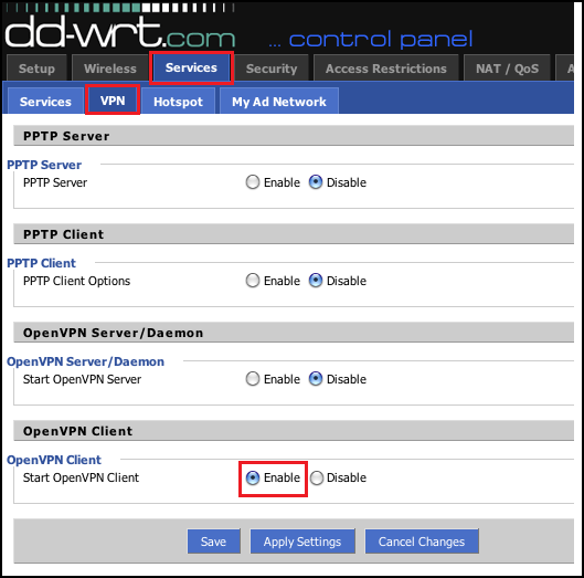 Screenshot of the DD-WRT control panel with the “Services” tab selected. The “VPN” section is expanded, and the “OpenVPN” option is highlighted as enabled.